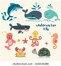 set of animal under sea life, starfish, turtle, octopus, seahorse, crab, dolphin, whale, seal, shark, flat cartoon vector