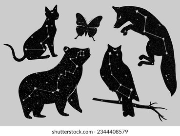 Conjunto de siluetas de universo animal de búho, gato, mariposa, zorro, oso con constelación. Magia, concepto astrológico. Ilustración vectorial con estilo de tarjeta Tarot. Para logotipo, afiche, postal, objeto de tarjeta de visita