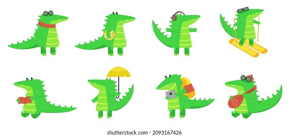 Set of animal with various  Activity cartoon character Graphic design for banner, sticker advertising travel with crocodile  theme Vector illustration