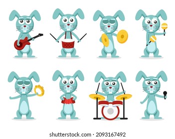 Set of animal with various  Activity cartoon character Graphic design for banner, sticker with Musician Rabbit theme Vector illustration
