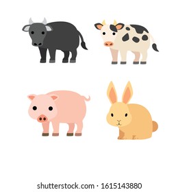 set animal vector illustration pig, rabbit, cow, buffalo