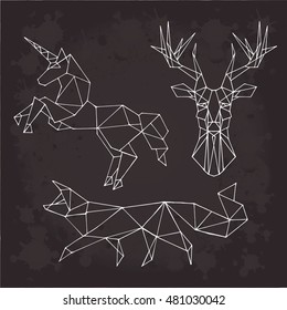 Set animal vector on a black background. Fox, unicorn, deer object isolated illustration. Doodle geometric style. Cloth design, icon, logo, poster, textile, card, invitation,holiday. Magic art. Eps10.