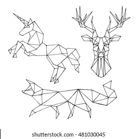 Set animal vector on a black background. Fox, unicorn, deer object isolated illustration. Doodle geometric style. Cloth design, icon, logo, poster, textile, card, invitation,holiday. Magic art. Eps10.