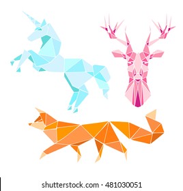 Set animal vector on a black background. Fox, unicorn, deer object isolated illustration. Doodle geometric style. Cloth design, icon, logo, poster, textile, card, invitation,holiday. Magic art. Eps10.