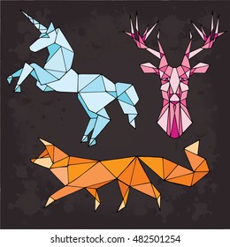 Set animal vector on a black background. Fox, unicorn, deer object isolated illustration. Doodle geometric style. Cloth design, icon, logo, poster, textile, card, invitation,holiday. Magic art. Eps10.