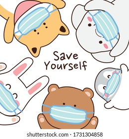 Set Of Animal Wearing Face Mask Protect From Coronavirus,covid-19 In Cartoon Style With Save Yourself Text.Bear,penguin,elephant,rabbit,shiba Inu Dog Hand Drawn. Kawaii Vector Illustration.