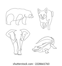 set of animal and wild life line art , continuous line. for logo design. bear, elephant, fox, alligator, crocodile