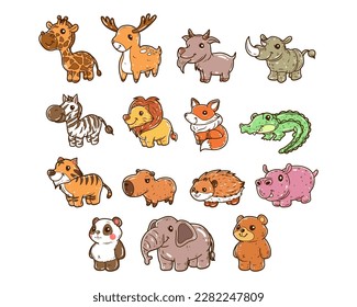 Set of animal wildlife hand-drawn illustration. Animals vector illustration. Giraffe, elephant, bear, crocodile, zebra, fox, lion, hippo, deer, tiger.