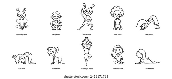 Set von Tier-Yoga-Posen oder Asanas. Vektor-Cartoon-Illustration im Doodle-Stil.