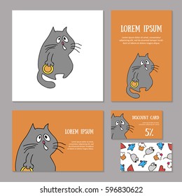 Set of animalistic elements of corporate identity for zoo store, veterinary clinic, shelter. Funny hungry plump gray cat with plate on orange background. Booklet and discount card, vector illustration