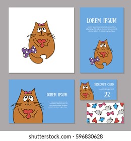 Set of animalistic elements of corporate identity for zoo store, veterinary clinic, shelter. Funny dreaming red cat with bow and heart on blue background. Booklet and discount card, vector
