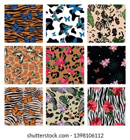 A set of animalistic prints combined with plant elements and tropical butterflies. Set of seamless patterns. 9 vector textures