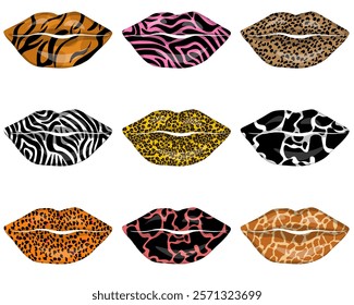 Set of animalistic prints on lips, stylish make up on part of face vector illustration for design