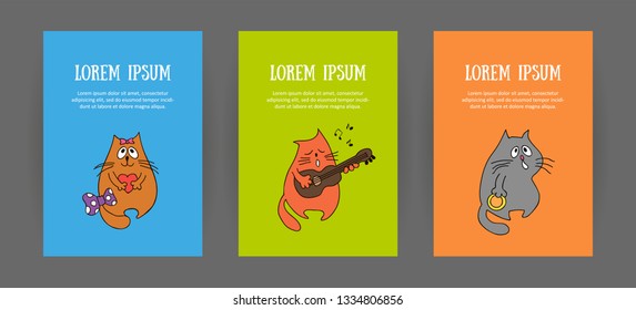 Set of animalistic vertical bright covers of corporate identity cartoon. For zoo store, veterinary clinic, shelter, music store. Cute cat hungry, musician and lover. Booklet and discount card, vector