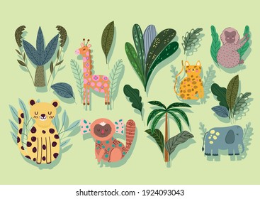 set of animals abstract jungle wildlife cartoon vector illustration