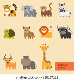 Set of animals of Africa. Cute animals: monkey, giraffe, elephant, zebra, tiger, hyena, lion, hippopotamus, antelope, buffalo, turtle.