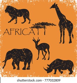 set of animals Africa,elephant, lion, giraffe, roe deer, rhinoceros, grunge vector illustration