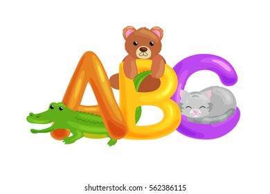 set of animals alphabet for kids letters, cartoon fun abc education in preschool, cute children zoo collection learning english language pattern vector illustration