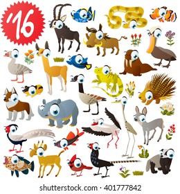 set of animals antelope, impala, snake, warthog, clown fish, grouper, pelican, llama, husky, canadian goose, porcupine, walrus, iguana, heron, stork, badger, pheasant, rhinoceros, saiga, lemming