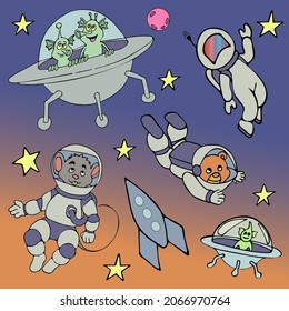 set of animals astronauts and aliens in space