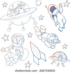 set of animals astronauts and aliens in space.rainbow outline