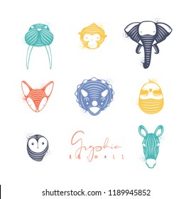 Set of animals authentic graphic walrus, monkey, elephant, fox, triceratops, bird, owl, horse drawing in different colors