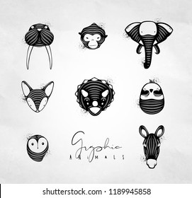 Set of animals authentic graphic walrus, monkey, elephant, fox, triceratops, bird, owl, horse drawing on dirty background