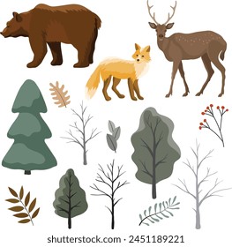 Set with animals bear fox deer and winter forest elements. Vector illustration