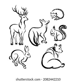 Set of animals bear, fox, hare, squirrel, deer, hedgehog. Minimalistic one-stroke drawing, brush and paint texture.