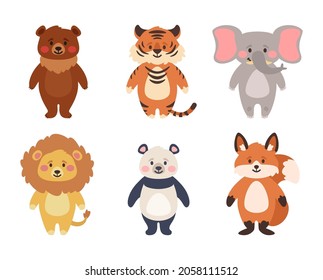 Set of animals: bear, tiger, panda, fox. Vector illustration isolated on white background.