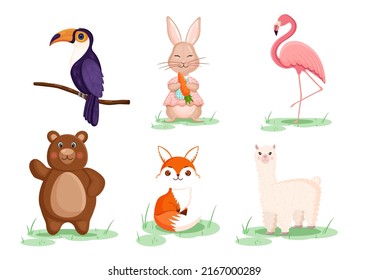 Set of animals and birds such as bear, hare, rabbit, fox, llama. Toucan and flamingo. Vector illustration