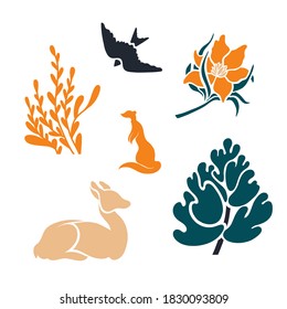A set of animals, birds, trees. Forest collection. Vector illustration.