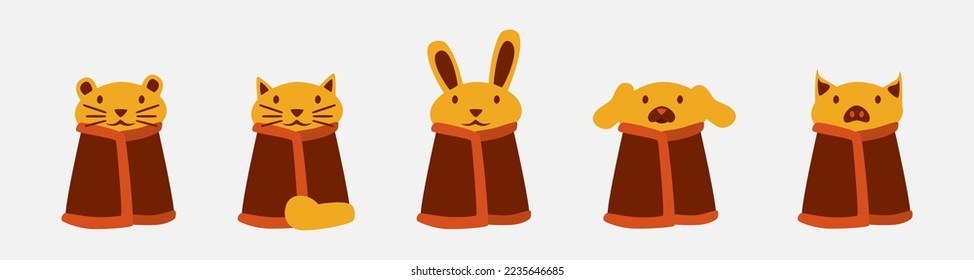 set of animals in blankets with sitting position. warm cozy cute illustration for winter or autumn season. cartoon characters consist of hamster, cat, rabbit, dog, and pig.