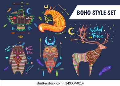Set of animals in boho style. Indian Totems with colorful patterns.