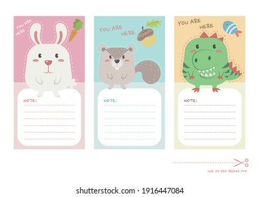 Set of animals bookmark for print and cut. Cute bunny, squirrel, dinosaur bookmark and paper note printable vector design. 