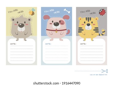 Set of animals bookmark for print and cut. Cute bear, puppy, tiger bookmark and paper note printable vector design. 