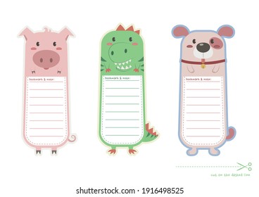 Set of animals bookmark for print and cut. Cute pig; dinosaur; puppy bookmark and paper note printable vector design. 