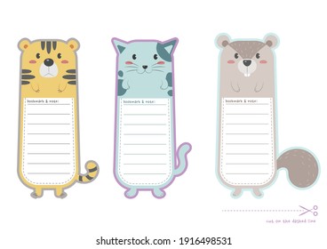 Set of animals bookmark for print and cut. Cute tiger, cat, squirrel bookmark and paper note printable vector design. 