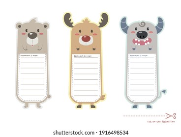 Set of animals bookmark for print and cut. Cute bear, deer, buffalo bookmark and paper note printable vector design. 