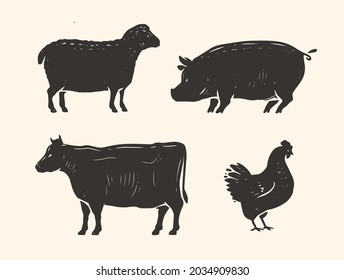 Set of animals for the butcher shop. Cow, pig, chicken and lamb symbol or icon.  Farm animals vector illustration