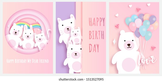 set of animals card . A cat ,a  bear and a rabbit for greeting card , poster , template card birthday card in paper cut and craft style .