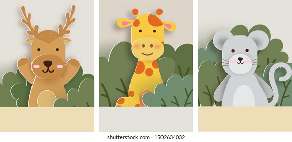 set of animals card , deer , giraffe and rat in the forest for birthday card , greeting card . paper cut and craft style . 