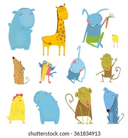 Set of Animals Cartoon Illustration. Collection of hand drawn animals for children. Hippopotamus and monkey, chicken and dog, hare and giraffe, vector illustration.