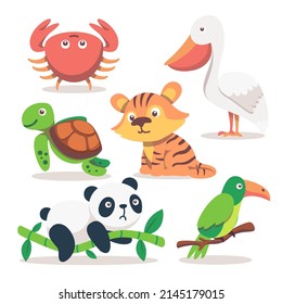 Set of animals in cartoon style isolated on white background. Cute tiger, crab, turtle, panda and bird. Vector illustration.
