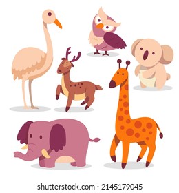 Set of animals in cartoon style isolated on white background. Cute bird, owl, giraffe, koala, elephant and deer. Vector illustration.