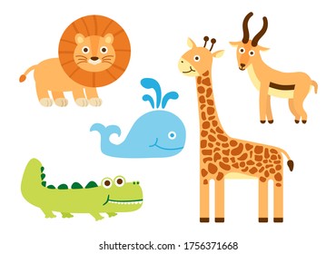 Set of animals in cartoon style on a white background. Lion, antelope, whale, giraffe, alligator. Vector illustrations