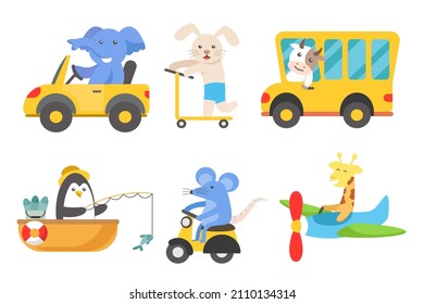 Set of animals cartoon vector illustration, Elephant driving car, rabbit play with scooter, cow in school bus, rat riding moterbike, penguin fishing in a boat and giraffe playing in toy plane