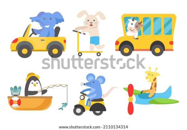 Set of animals cartoon vector illustration,\
Elephant driving car, rabbit play with scooter, cow in school bus,\
rat riding moterbike, penguin fishing in a boat and giraffe playing\
in toy plane