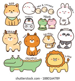 Set of animals in cartoon.Wild animal isolated.Zoo concept.Pet.Collection.Kawaii.Dog,hen,rabbit,deer,penguin,frog,bear,fox,lion,crocodile,squirrel.Graphic design.Vector.Illustration.