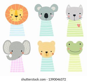 Set with animals cat, lion, Koala, bear, elephant, frog. Vector illustration for printing on postcard, poster, banner, packaging paper, fabric. Cute baby background.